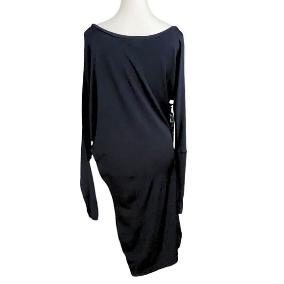 SHAN BLACK DOLMAN ASYMMETRICAL SLEEVES SLIP MIDI DRESS - 12 - Picture 3 of 9